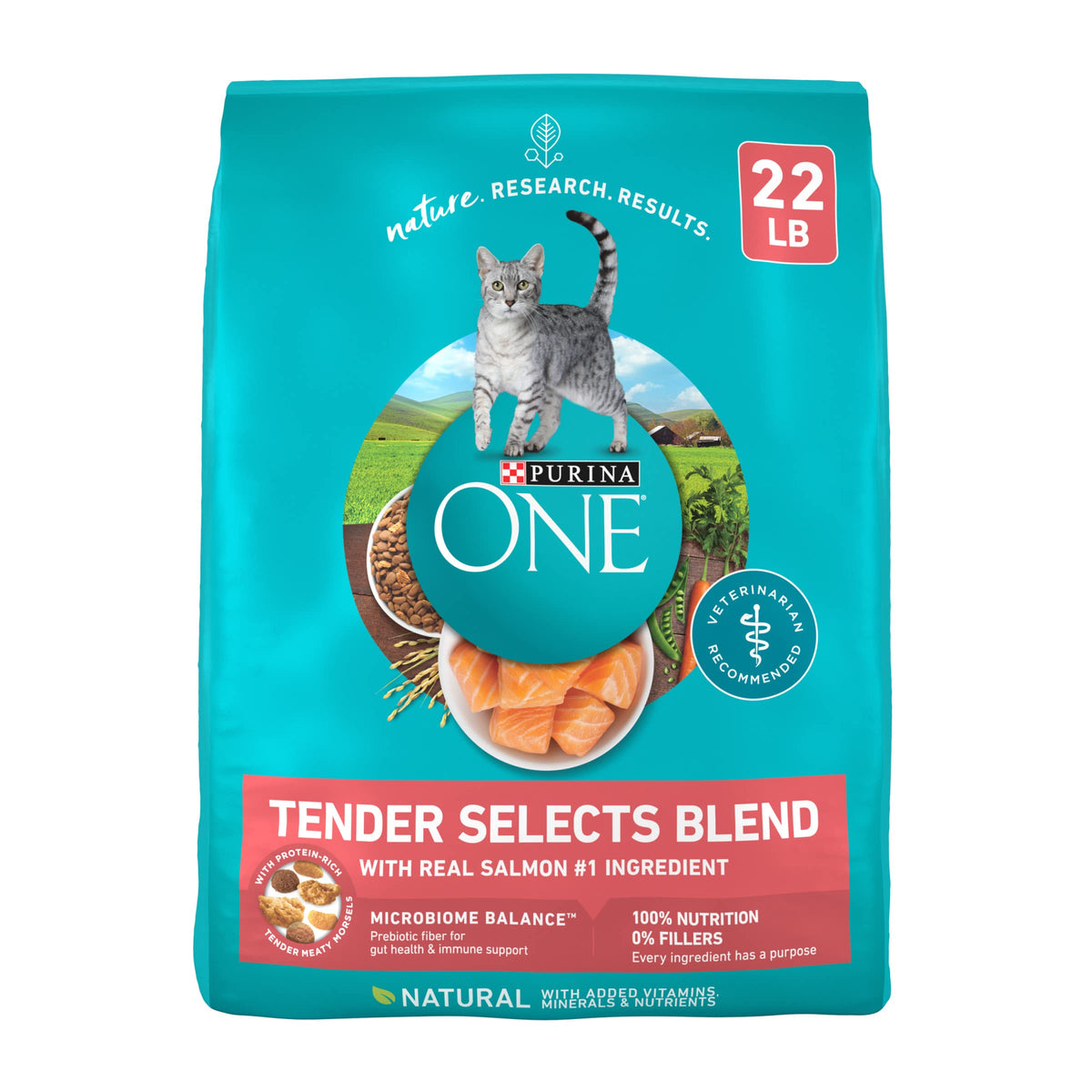 Purina ONE Tender Selects Salmon bites with real salmon and veggies to help muscle support