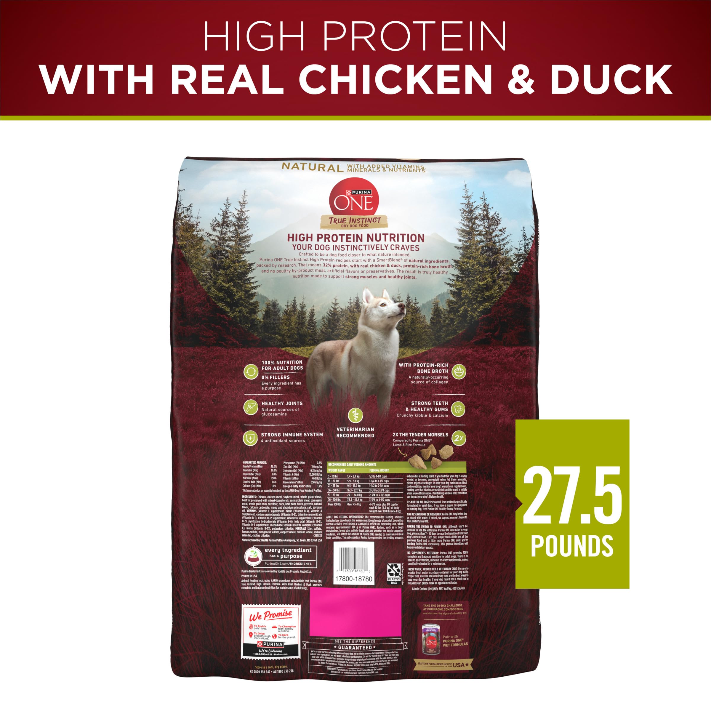 Purina ONE True Instinct 27-5-lb bag illustrates family-friendly nutrition.