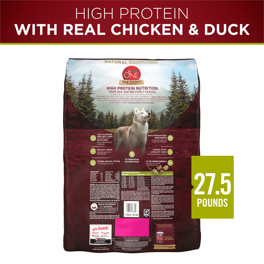 Purina ONE True Instinct 27-5-lb bag illustrates family-friendly nutrition.