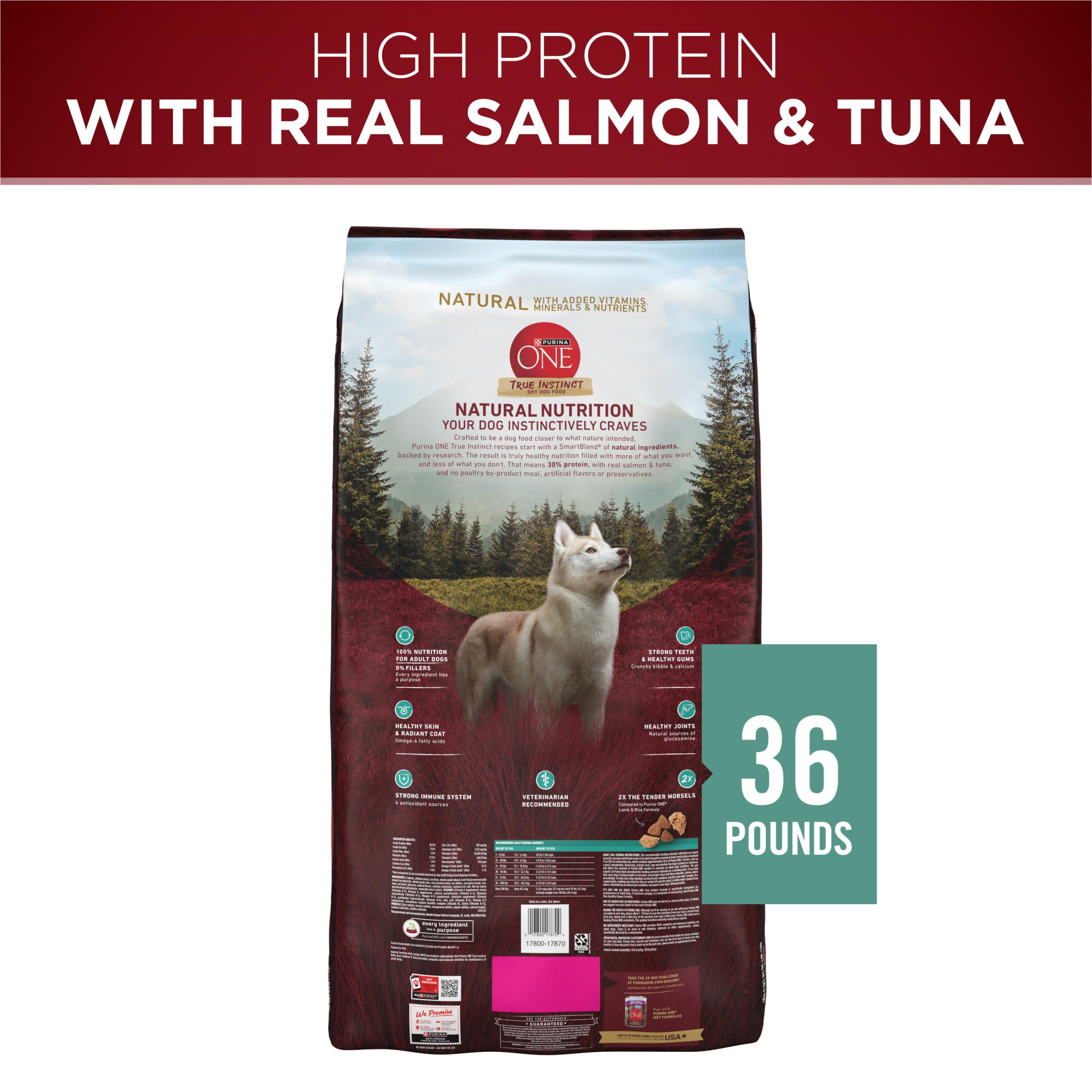 Purina ONE True Instinct antioxidants badge shows immune support through natural nutrient sources