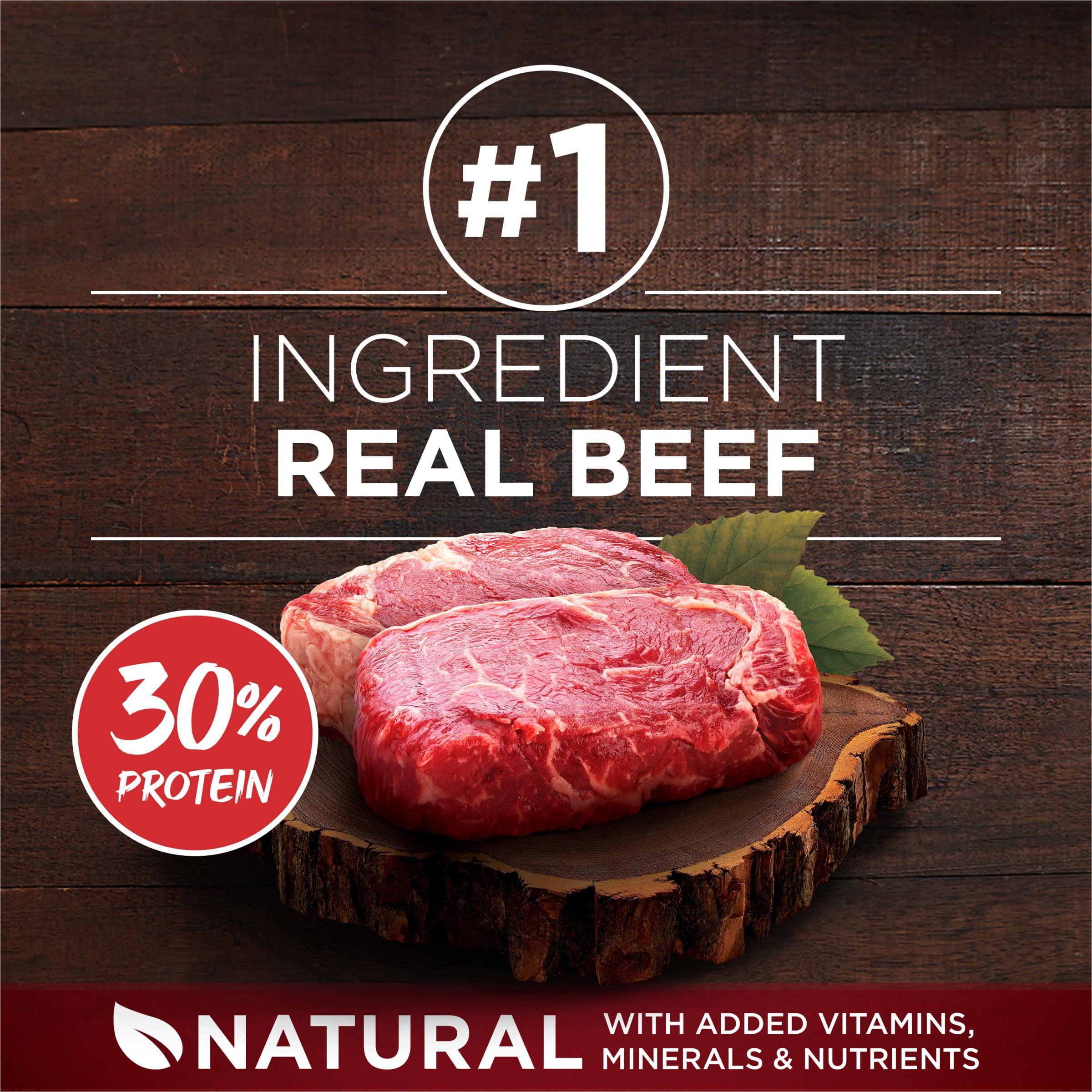 Purina ONE True Instinct beef ingredient close-up showing high-protein nutrition