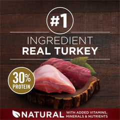 Purina ONE True Instinct ingredients closeup showing added vitamins and minerals for balanced nutrition.