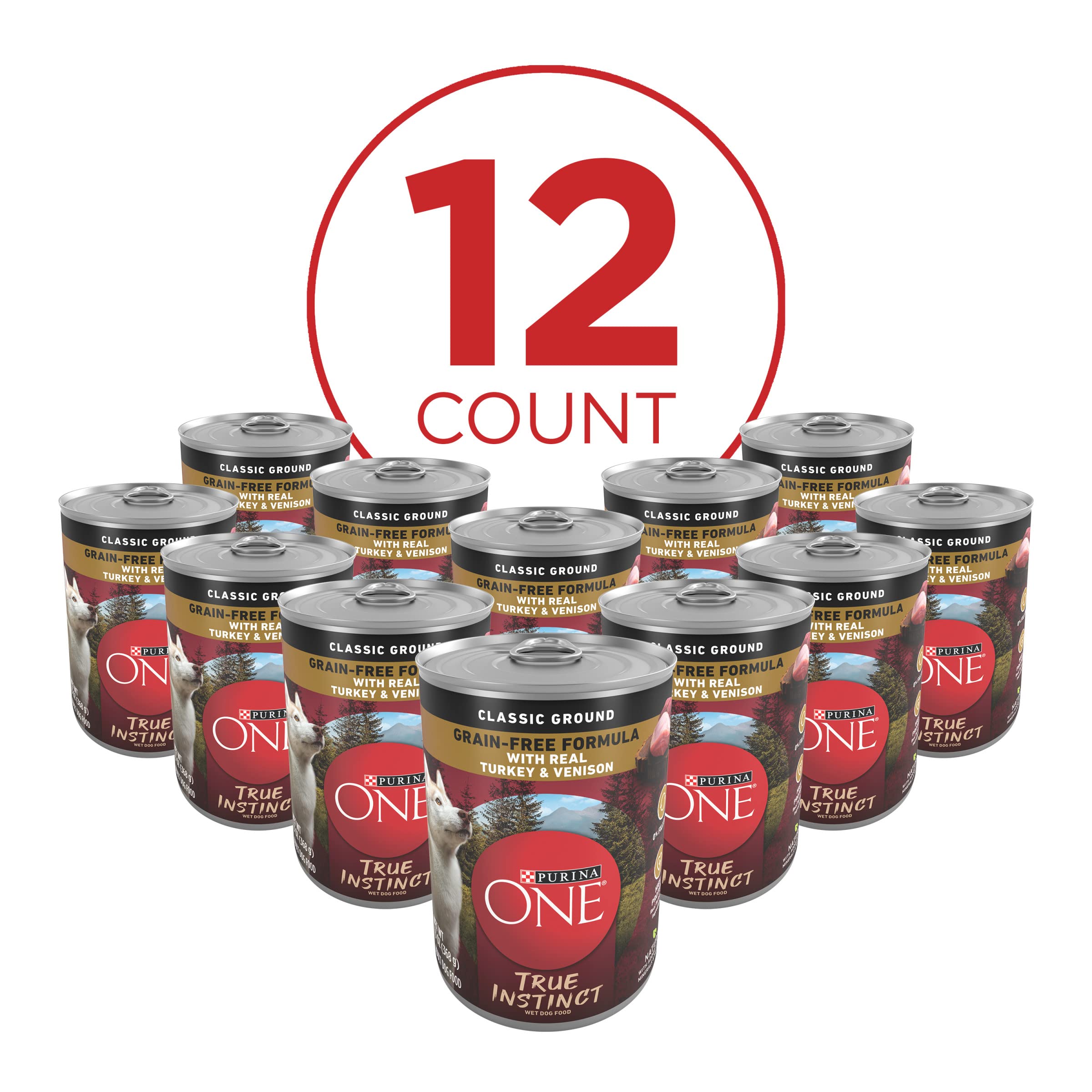 Purina ONE True Instinct can displays clean ingredients with no poultry by-products.
