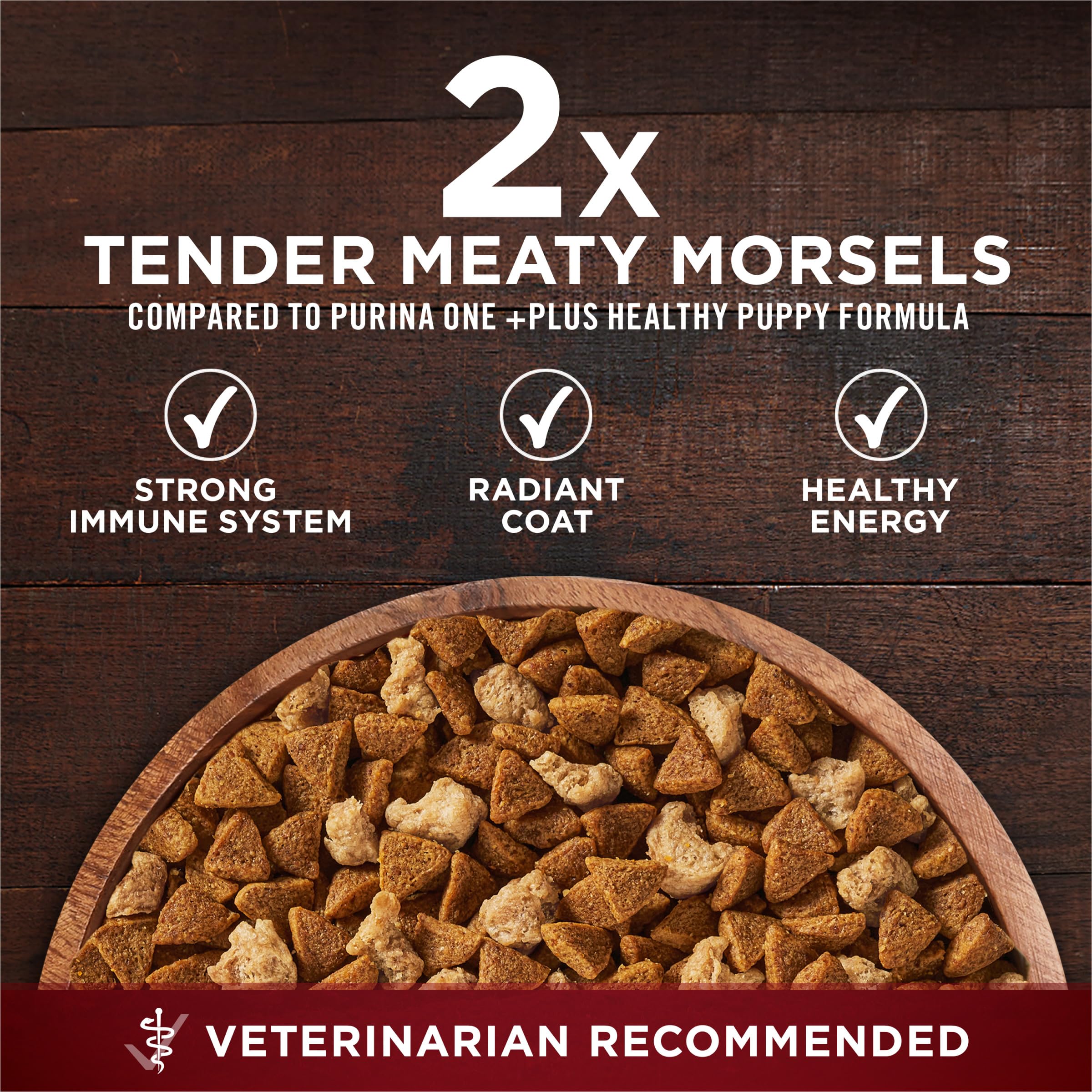 Purina ONE True Instinct Puppy tender morsels highlight more meaty bites for satisfaction.