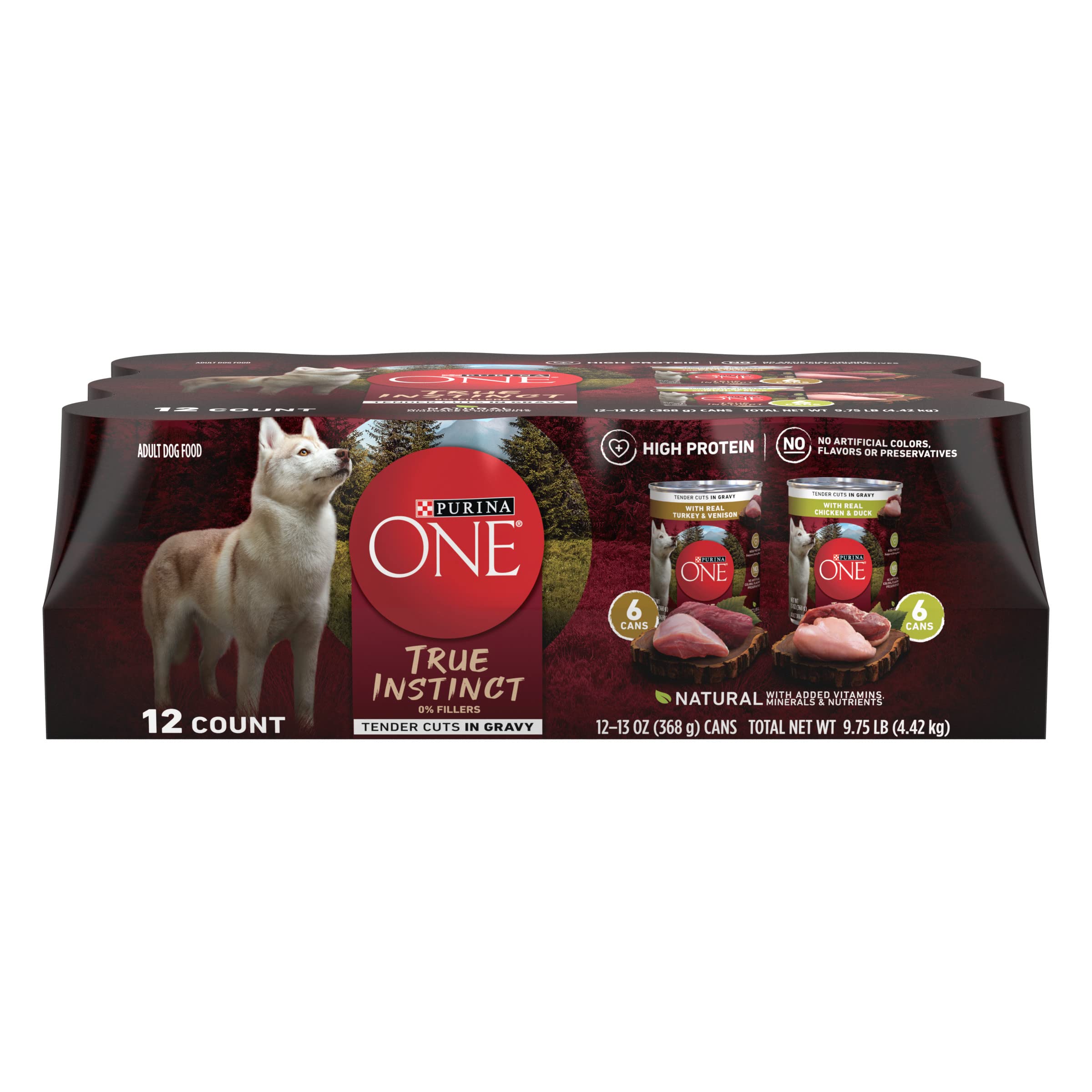 Purina ONE True Instinct tender cuts in gravy turkey and venison cans provide protein for active dogs.