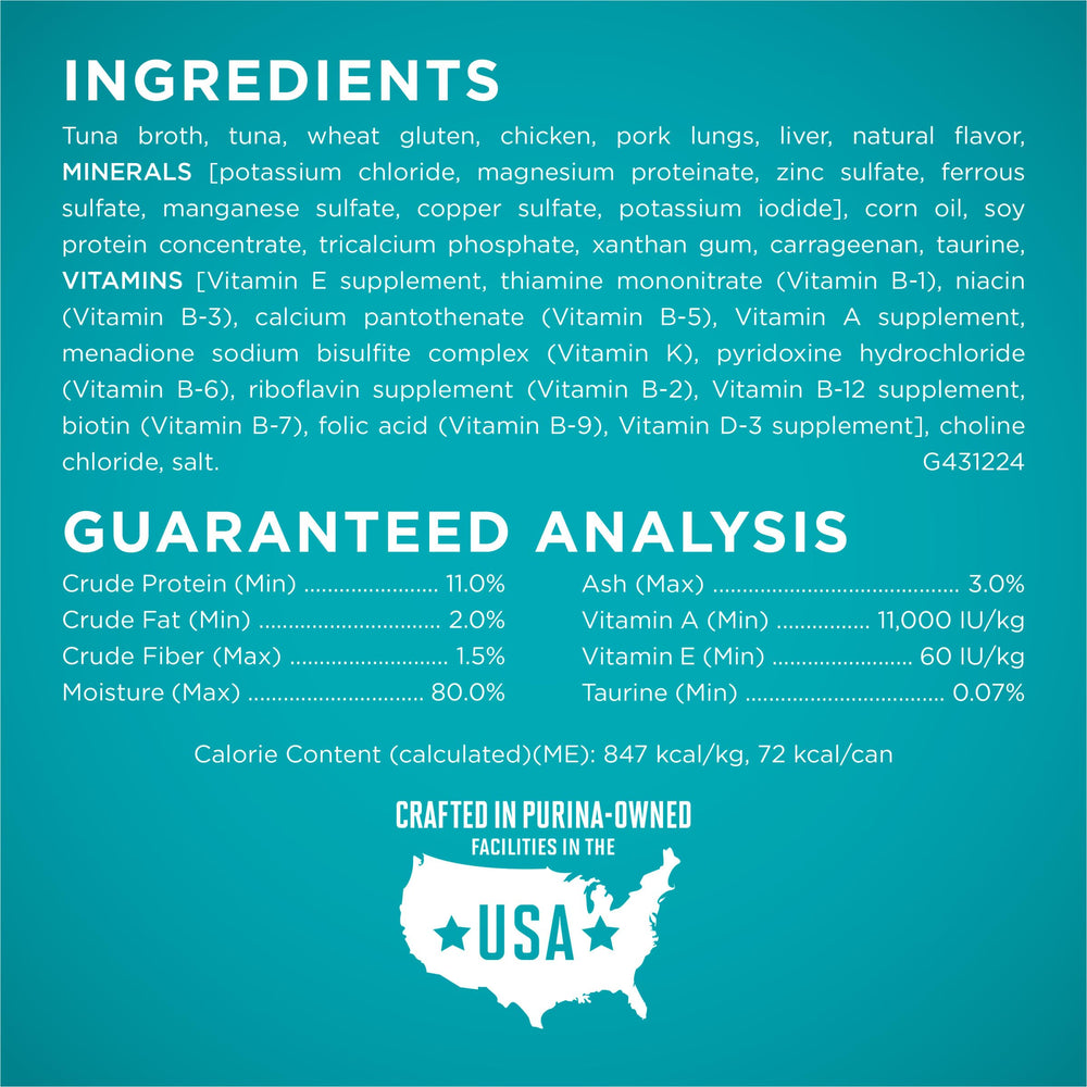 Purina ONE Tuna Recipe in Sauce ingredient detail highlighting tuna and minerals