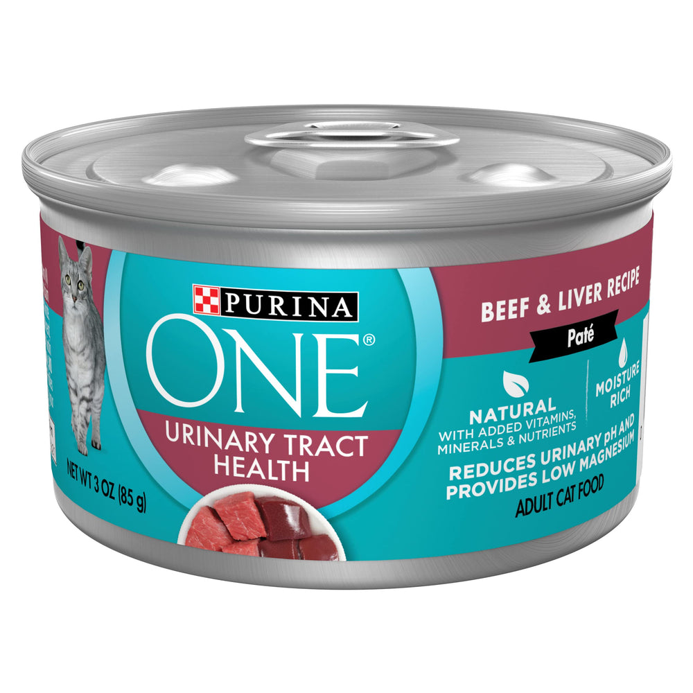 Purina ONE Urinary Tract Health beef and liver pate can, rich protein flavor for adult cats