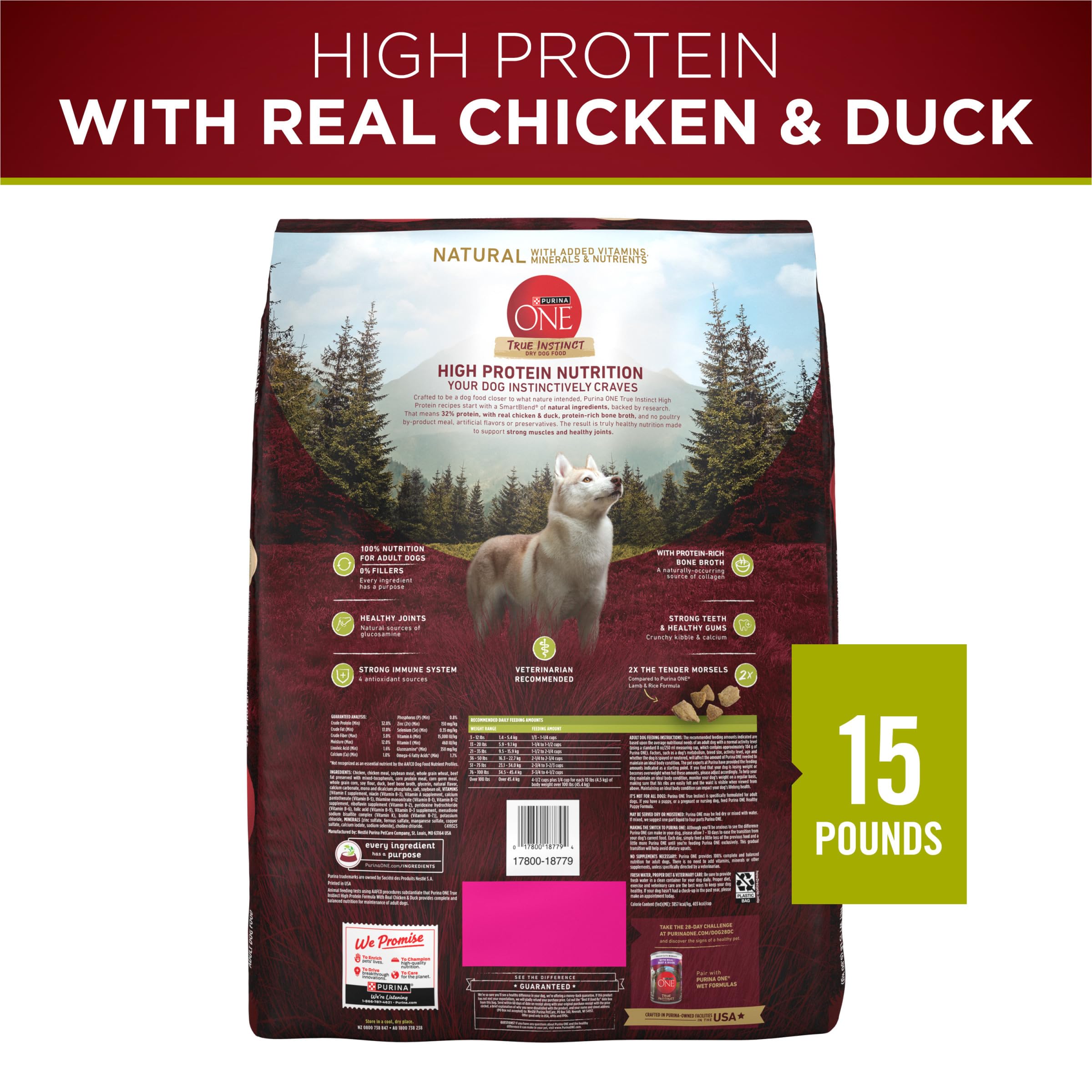 Purina ONE U.S. facilities and vet-recommended badge appear on packaging.