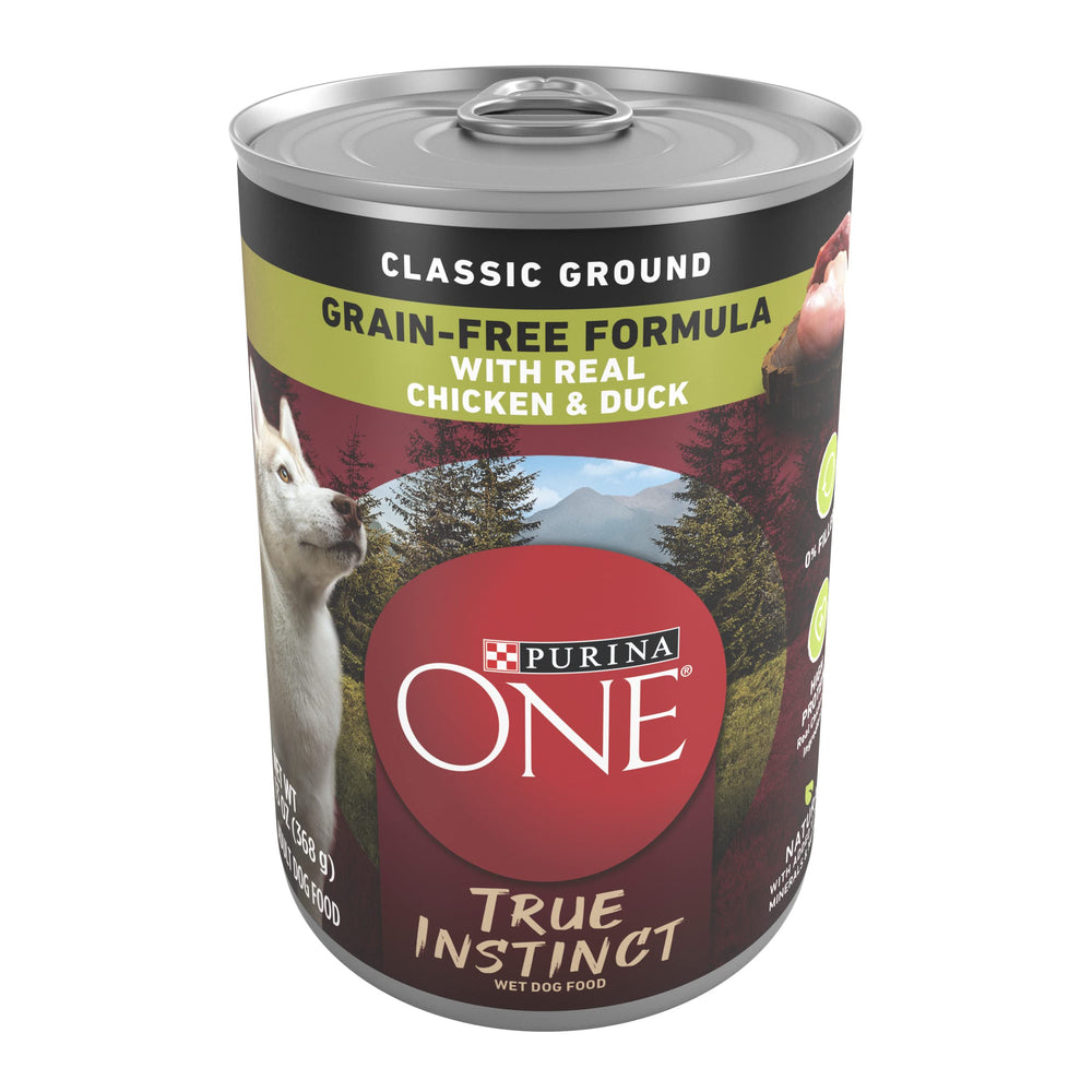 Purina ONE True Instinct wet dog food can with real chicken and duck for high-protein fuel