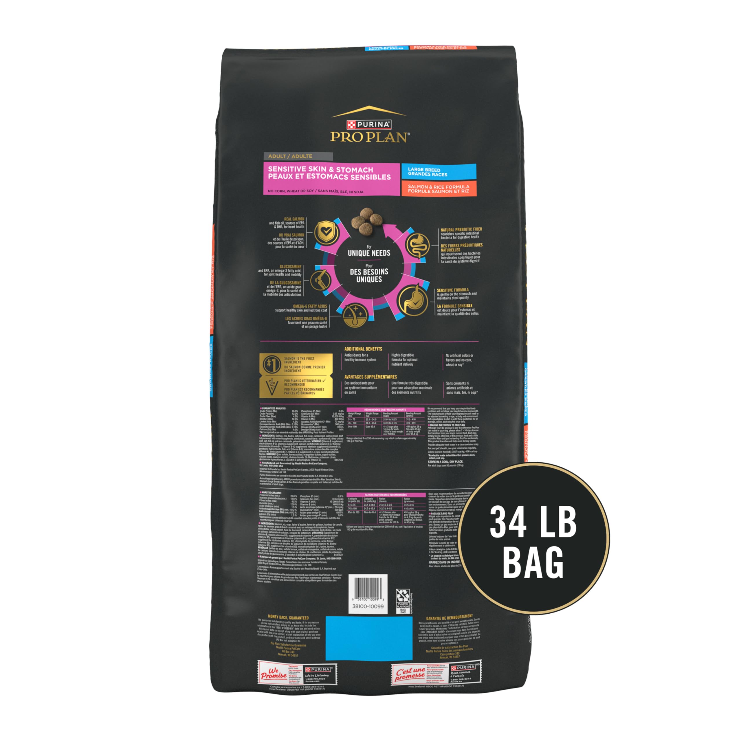 Purina Pro Plan 34-pound bag packaging on display