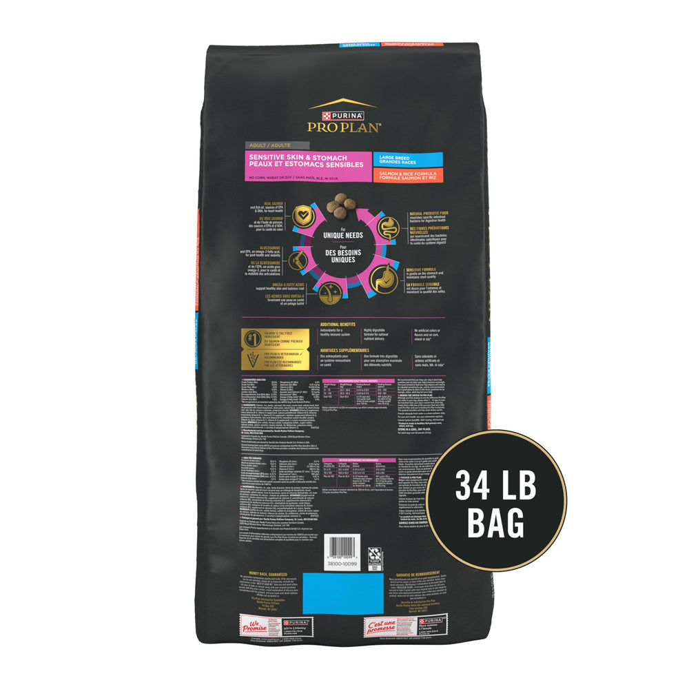 Purina Pro Plan 34-pound bag packaging on display