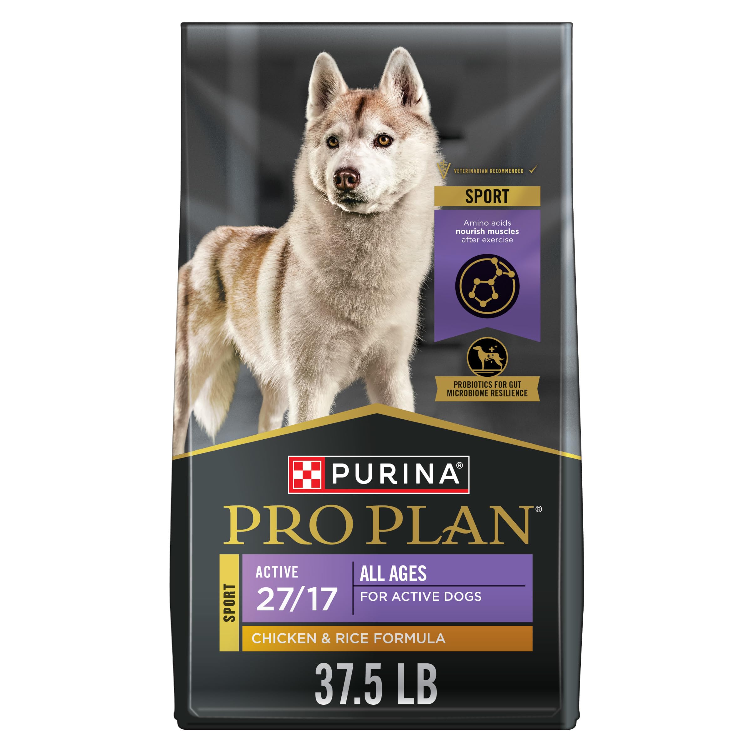 Purina Pro Plan Active 27/17 SPORT bag front with real chicken first ingredient for muscle support.