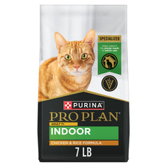 Purina Pro Plan Adult 7 Plus Indoor bag highlighting lean muscle support for indoor seniors