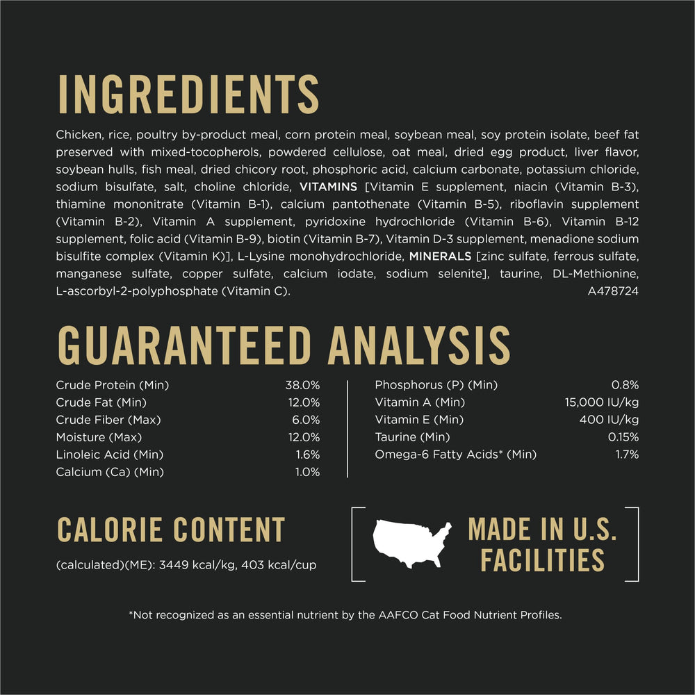 Purina Pro Plan Adult 7 Plus Indoor chicken-rice nutrition chart highlighting protein and energy support