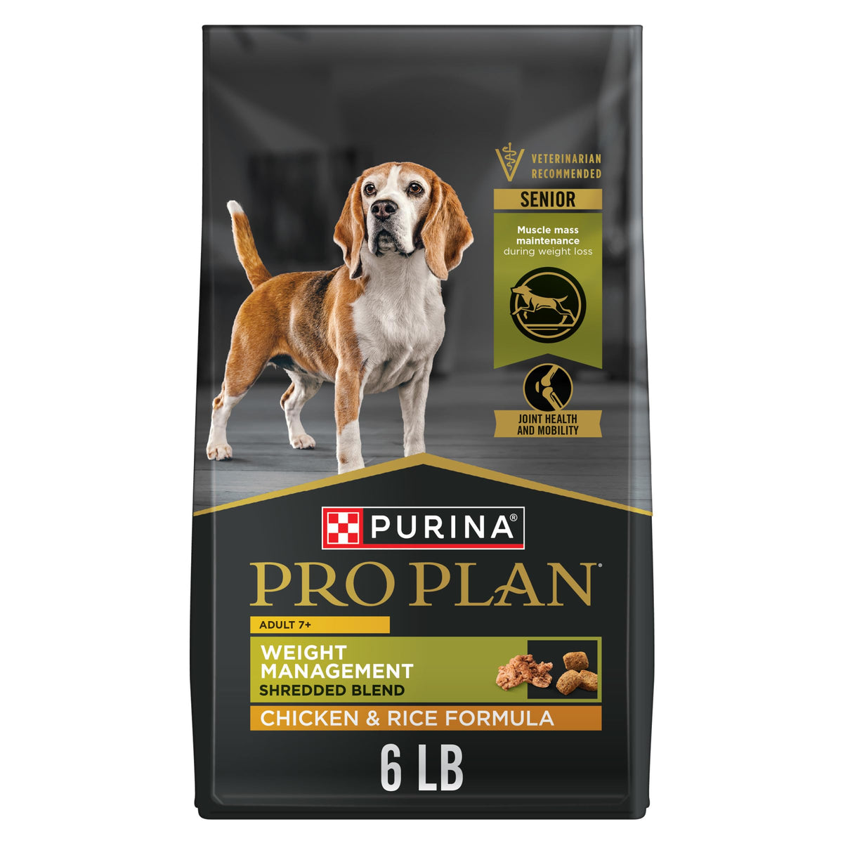 Purina Pro Plan Adult 7 Plus Weight Management bag front for easy senior feeding.