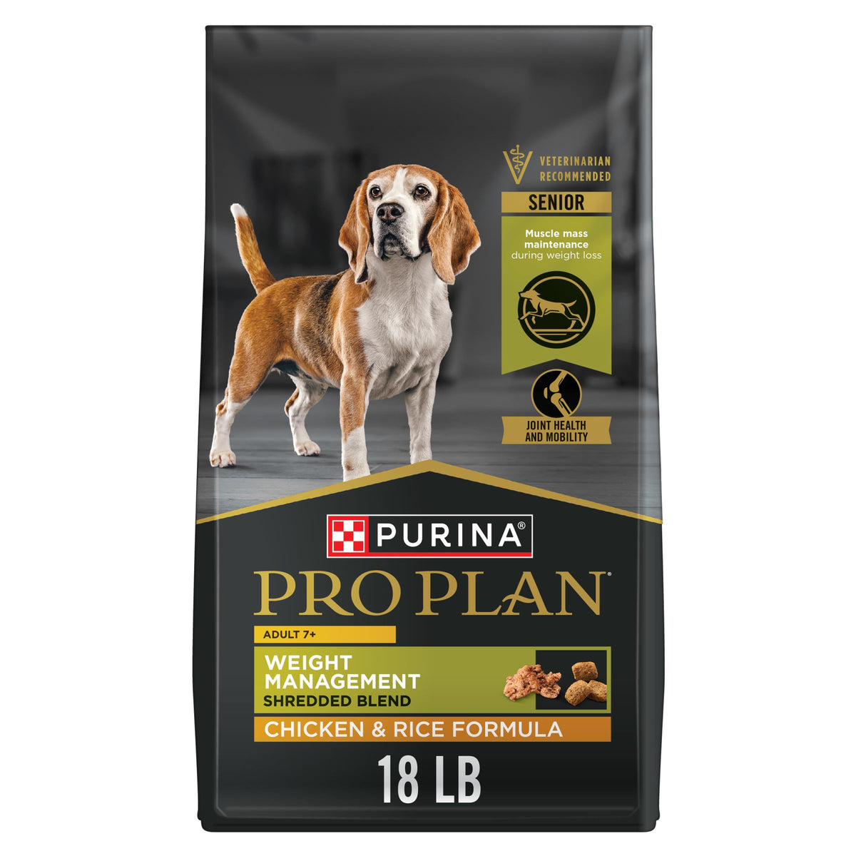 Purina Pro Plan Adult 7 Plus kibble closeup showing real chicken first ingredient for flavor.