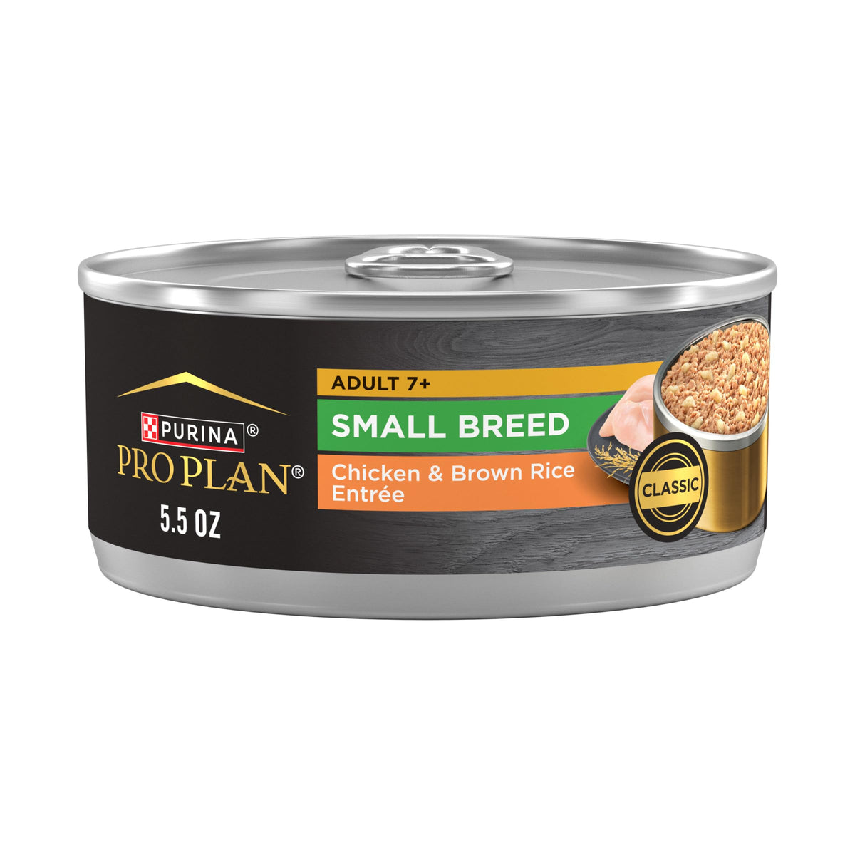 Purina Pro Plan small-breed chicken entree in gravy can close-up, savory flavor entices meals.