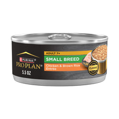 Purina Pro Plan small-breed chicken entree in gravy can close-up, savory flavor entices meals.