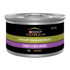 Purina Pro Plan adult weight management turkey and rice entree in gravy front view; supports lean muscle.