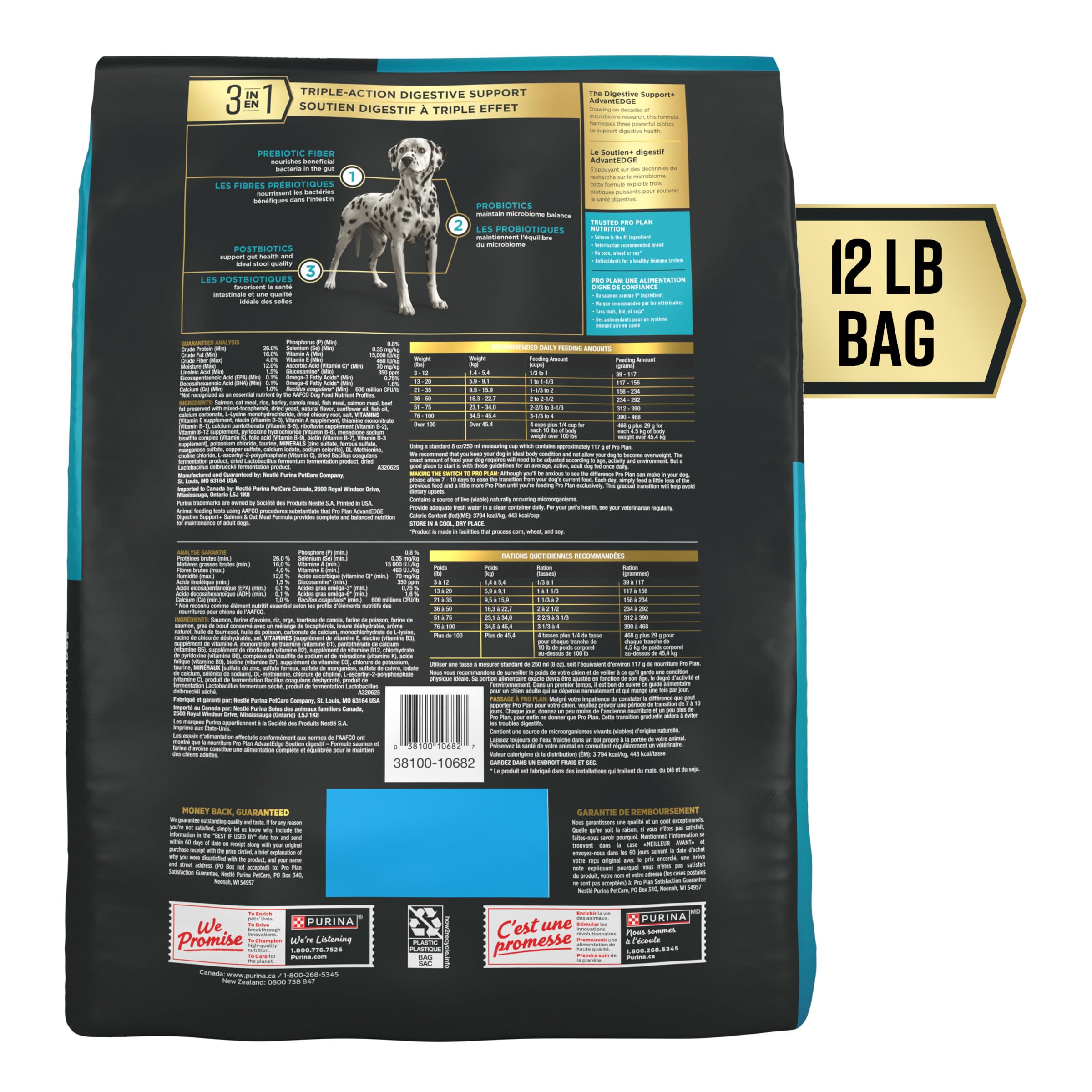 Purina Pro Plan AdvantEDGE 12 lb bag for adult dogs provides digestive support.