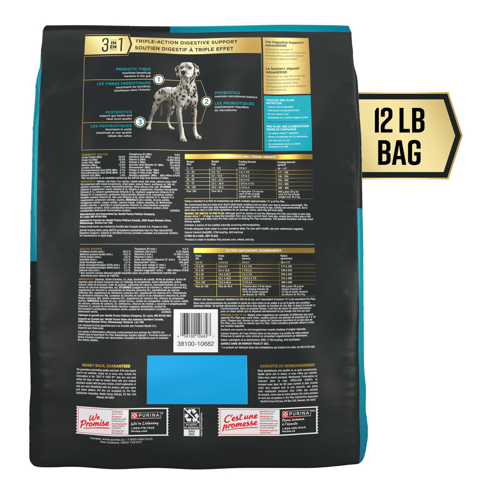 Purina Pro Plan AdvantEDGE 12 lb bag for adult dogs provides digestive support.