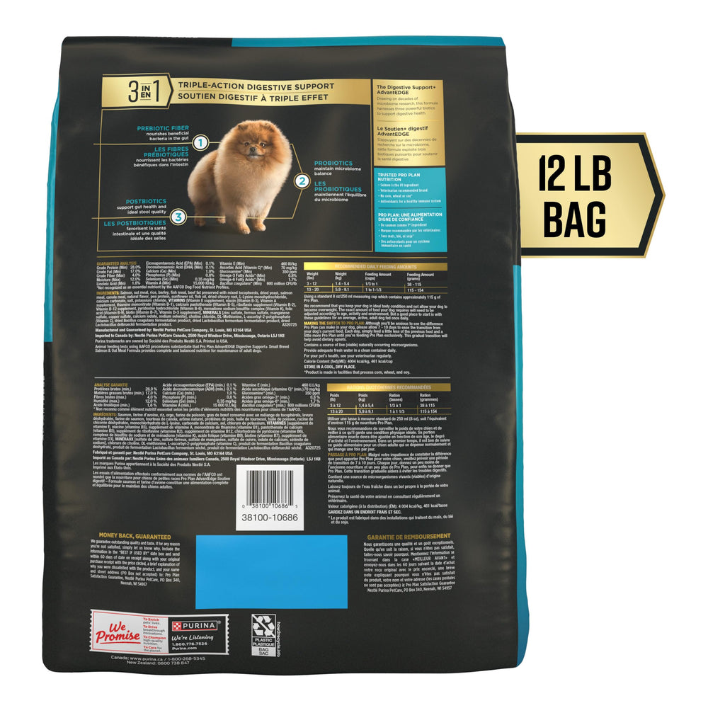 Purina Pro Plan AdvantEDGE salmon kibble close-up emphasizing highly digestible formula with prebiotics and probiotics.
