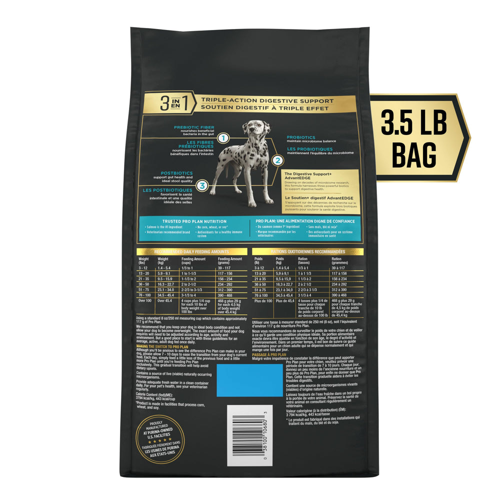 Purina Pro Plan AdvantEDGE kibble close-up shows salmon first ingredient for digestible nutrition