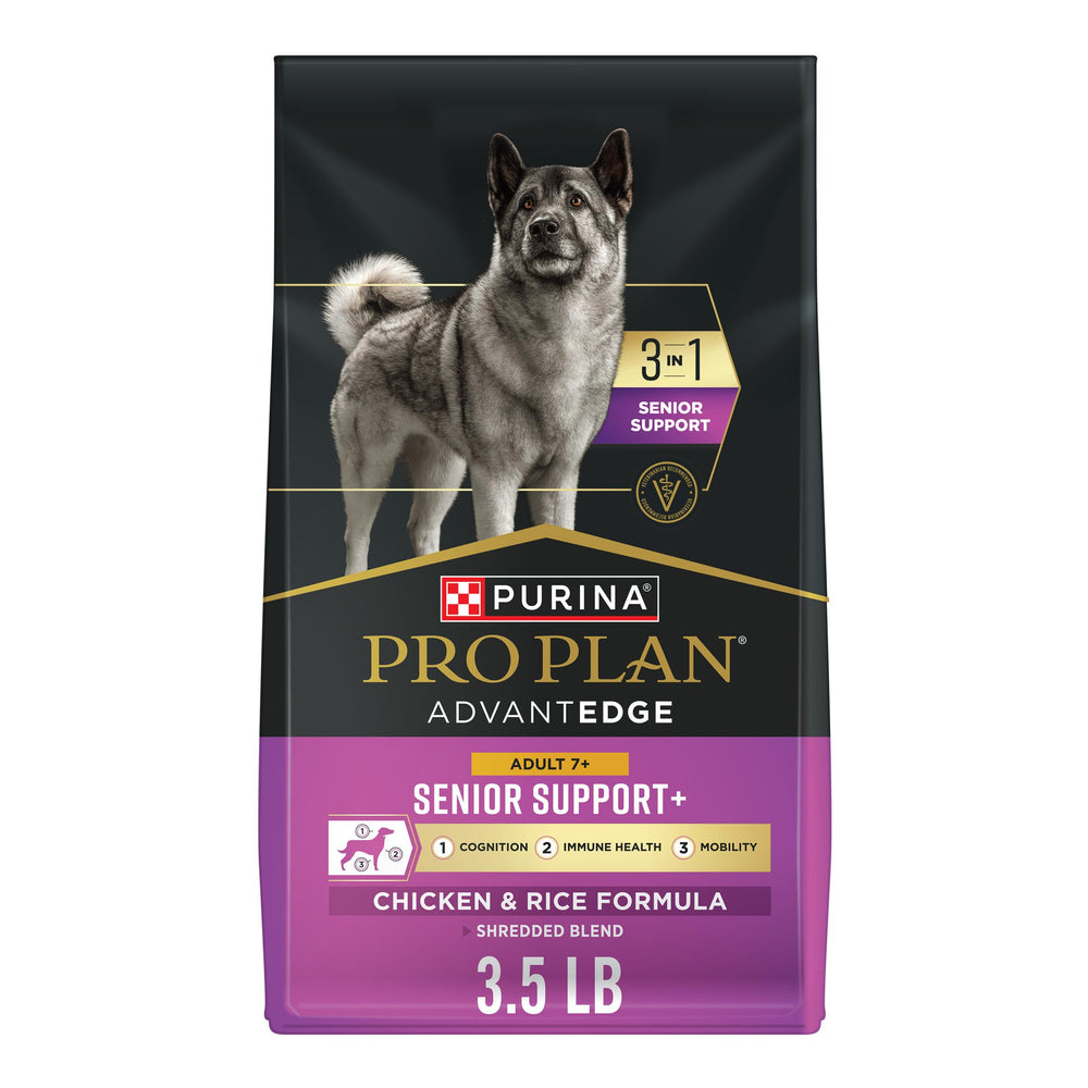 Purina Pro Plan AdvantEDGE senior bag close-up highlighting digestive support for seniors