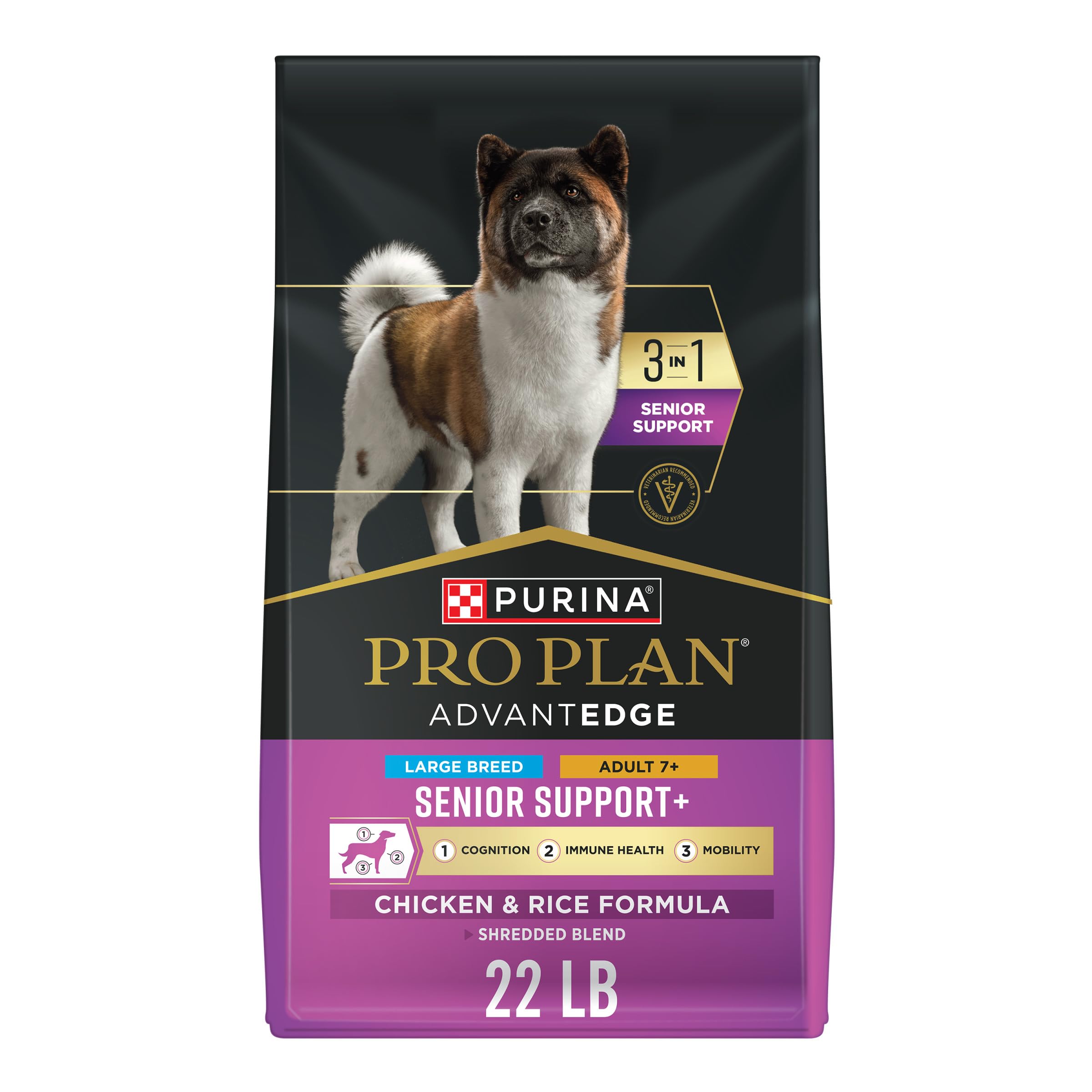 Purina Pro Plan AdvantEDGE senior large-breed bag highlights targeted nutrition for aging dogs