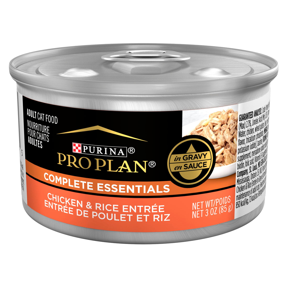 Purina Pro Plan Complete Essentials chicken and rice entree in gravy can: tasty protein for adult cats