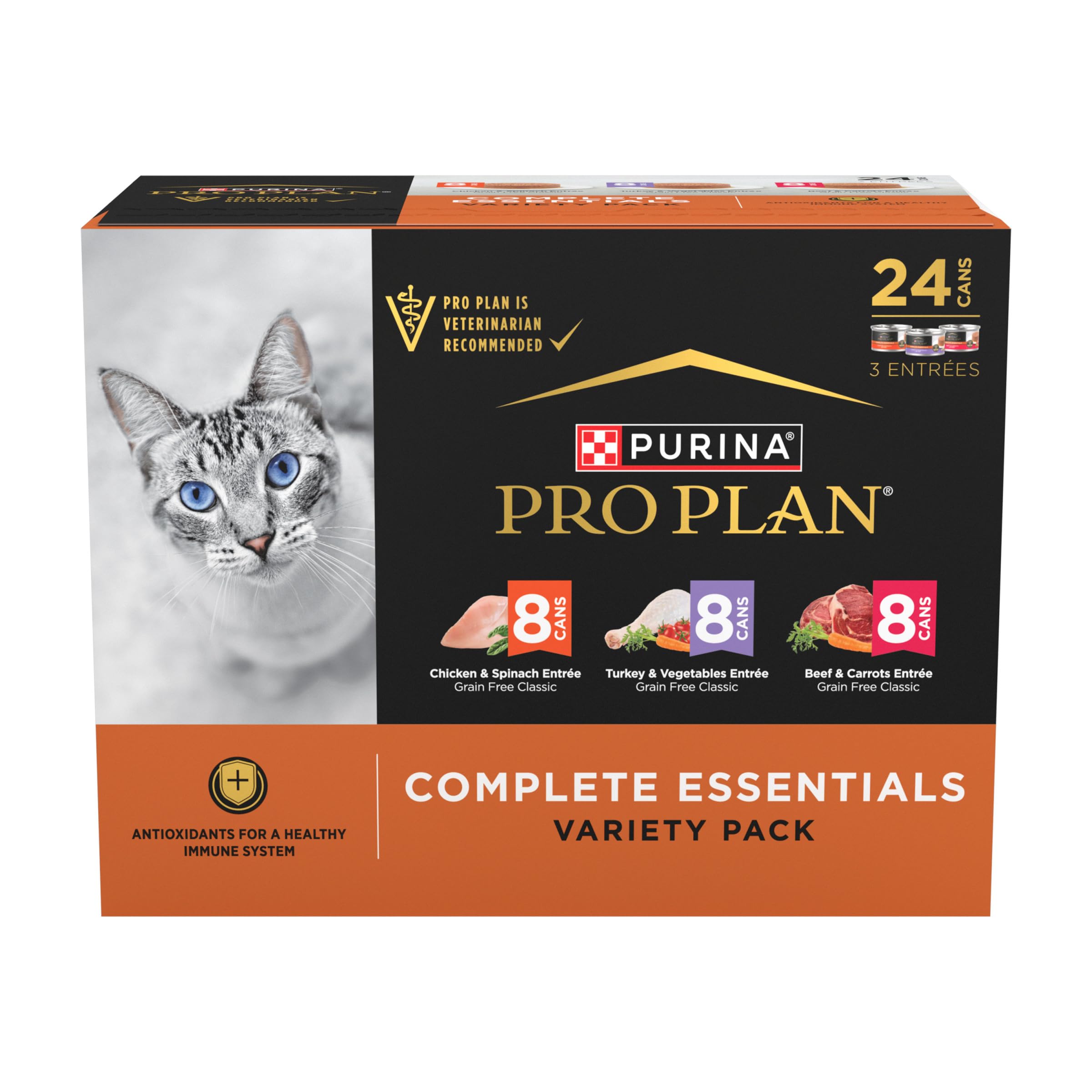Purina Pro Plan Complete Essentials chicken and vegetables pâté; grain-free balance for adult cats.
