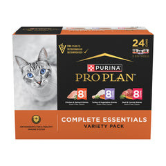 Purina Pro Plan Complete Essentials chicken and vegetables pâté; grain-free balance for adult cats.