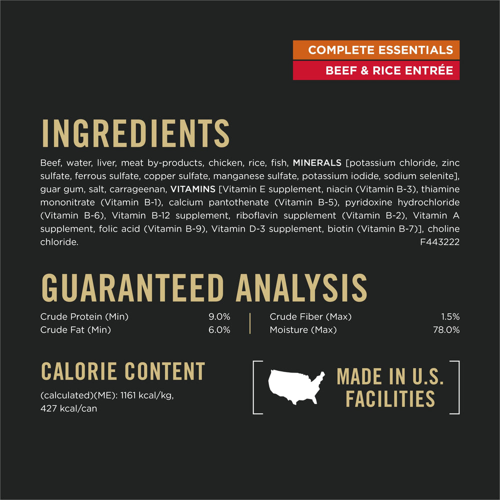 Nutrition panel showing 23 vitamins for adult dog nutrition