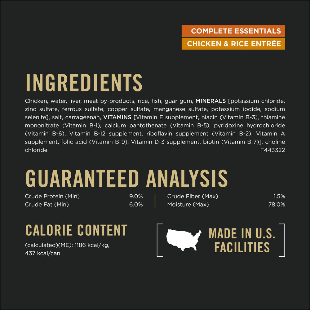 Purina Pro Plan Complete Essentials Classic Pate ingredients closeup emphasizes real chicken first ingredient.