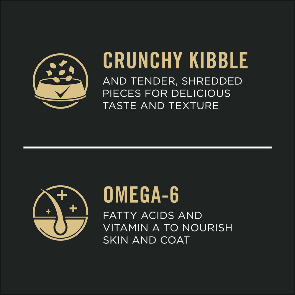 Purina Pro Plan Complete Essentials in a dog bowl shows dual-textured bites for appetite