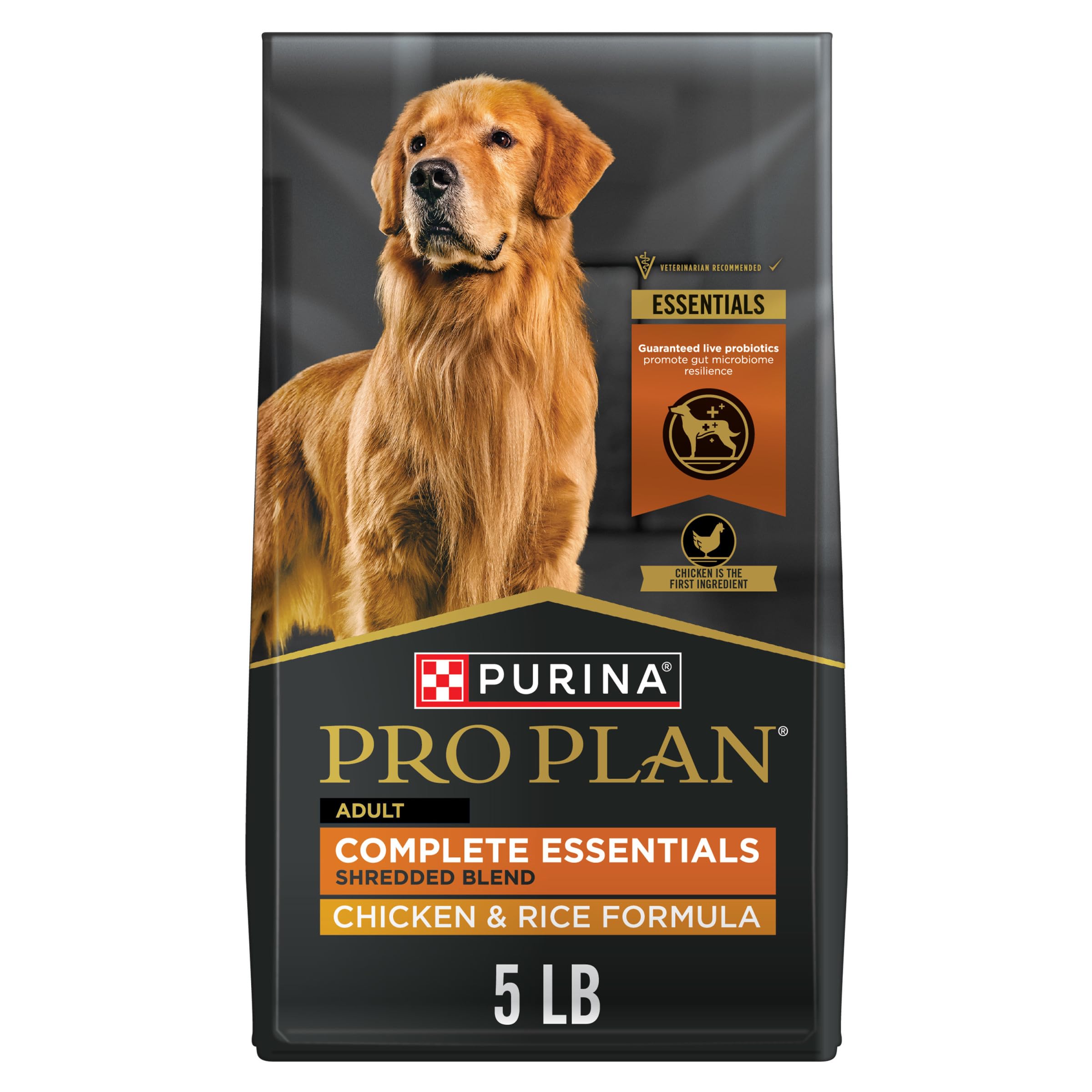 Purina Pro Plan Complete Essentials kibble close-up with shredded pieces for varied texture and meal appeal