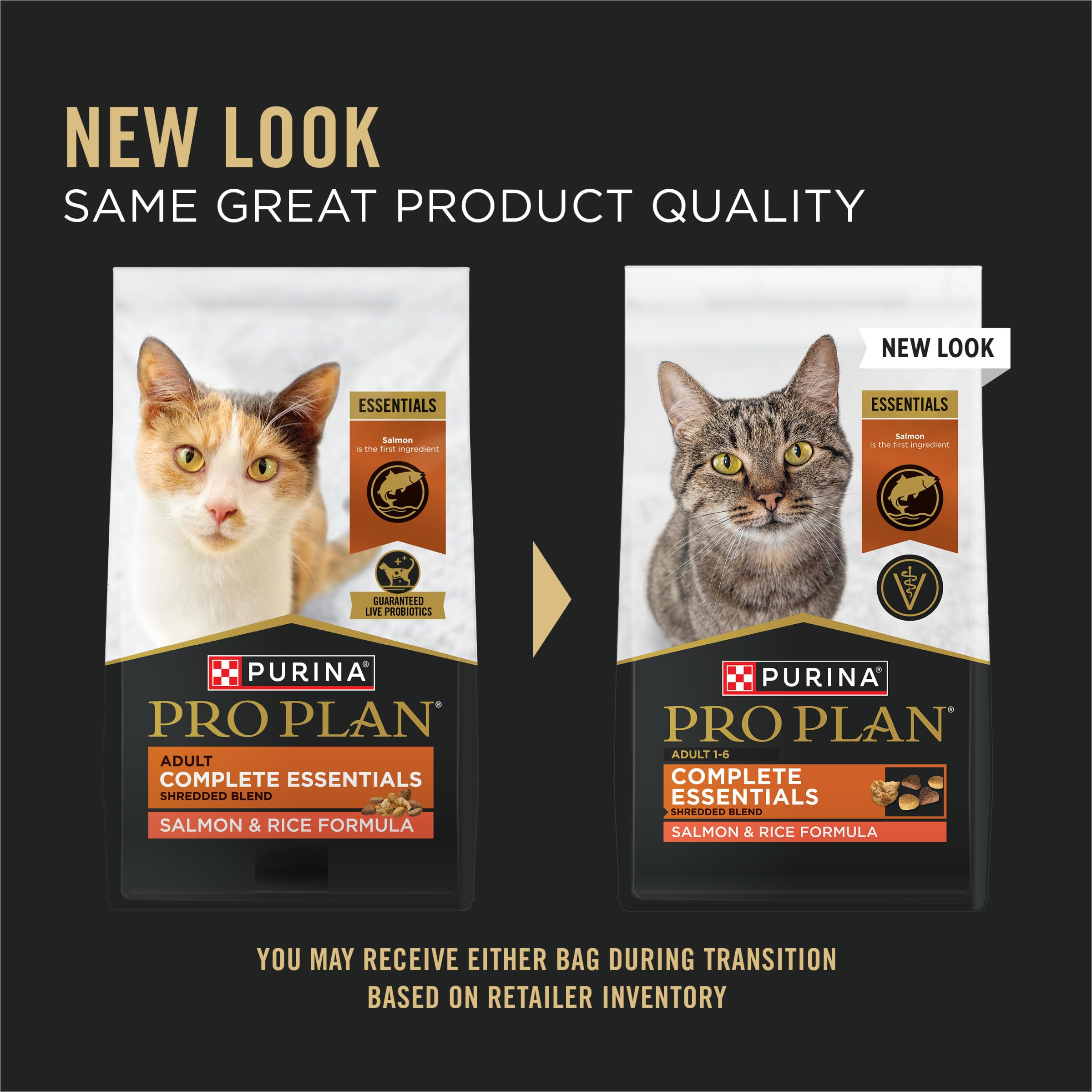 Purina Pro Plan Complete Essentials close-up shows salmon-first ingredient for savory appeal.