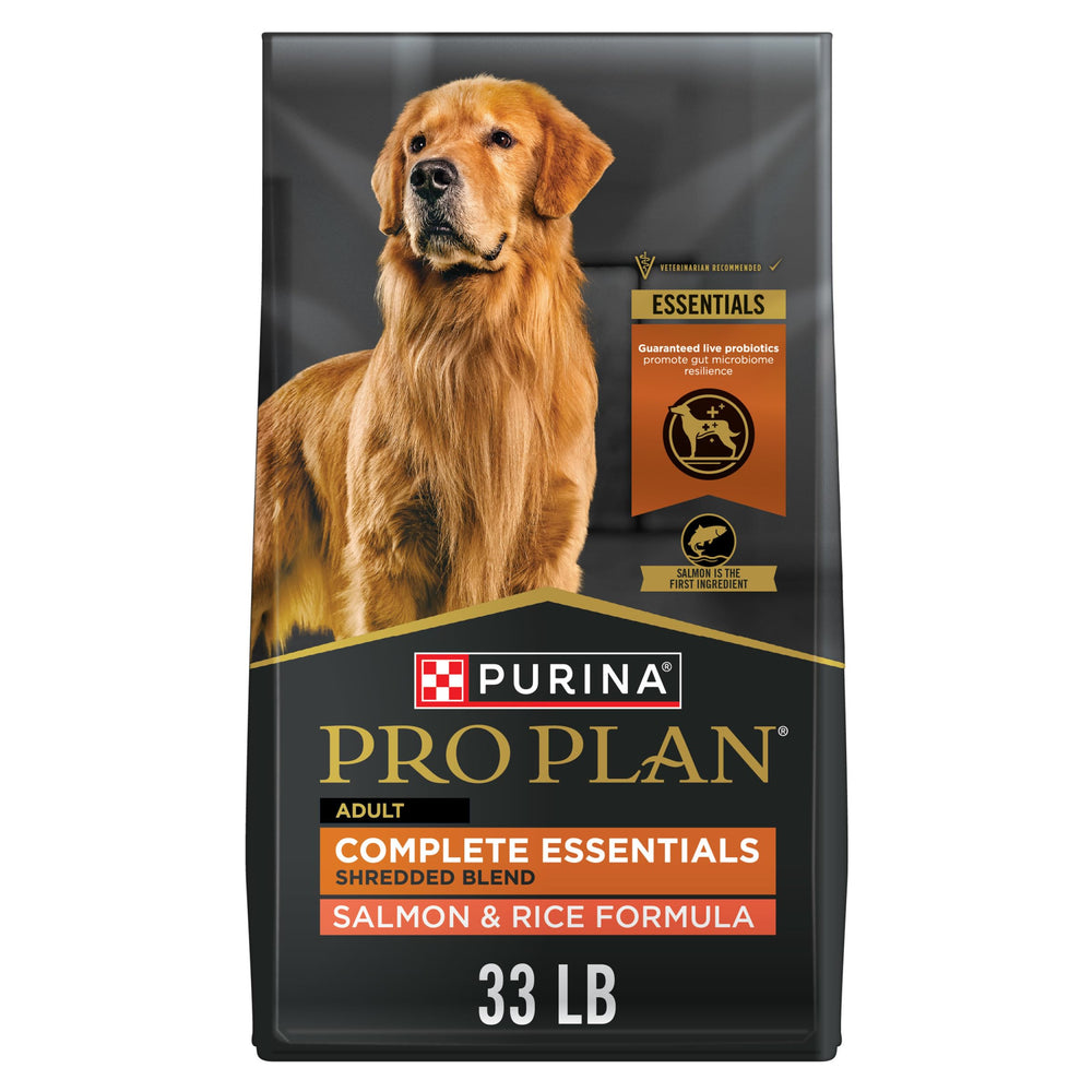 Purina Pro Plan Complete Essentials salmon-rice-kibble highlights real salmon first ingredient for high-protein nutrition