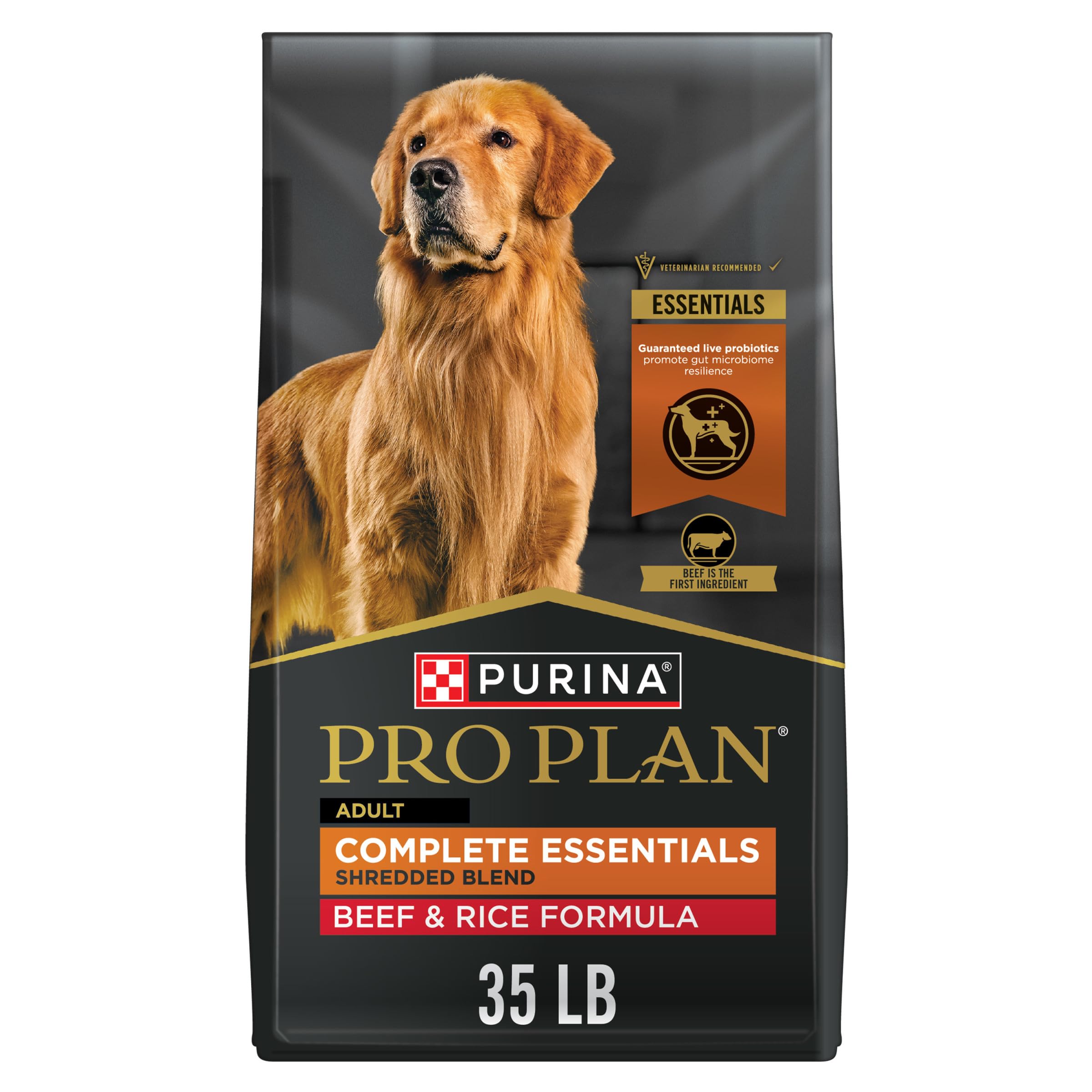 Purina Pro Plan Complete Essentials shredded beef and rice dry dog food bowl supports balanced nutrition.