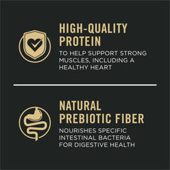 Purina Pro Plan Complete Essentials shredded beef and rice kibble closeup highlights real beef as the first ingredient.