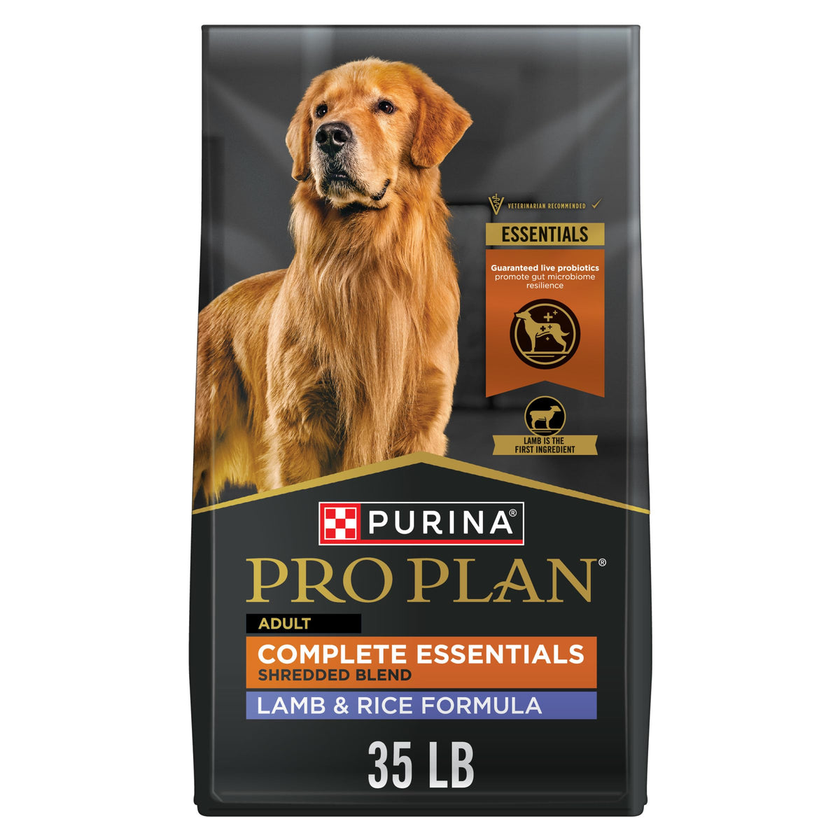 Purina Pro Plan Complete Essentials bag shows premium nutrition for active dogs.