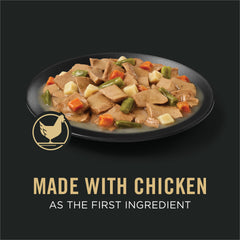 Purina Pro Plan Complete Essentials Slices Chicken and Vegetables can close-up—real ingredients visible.