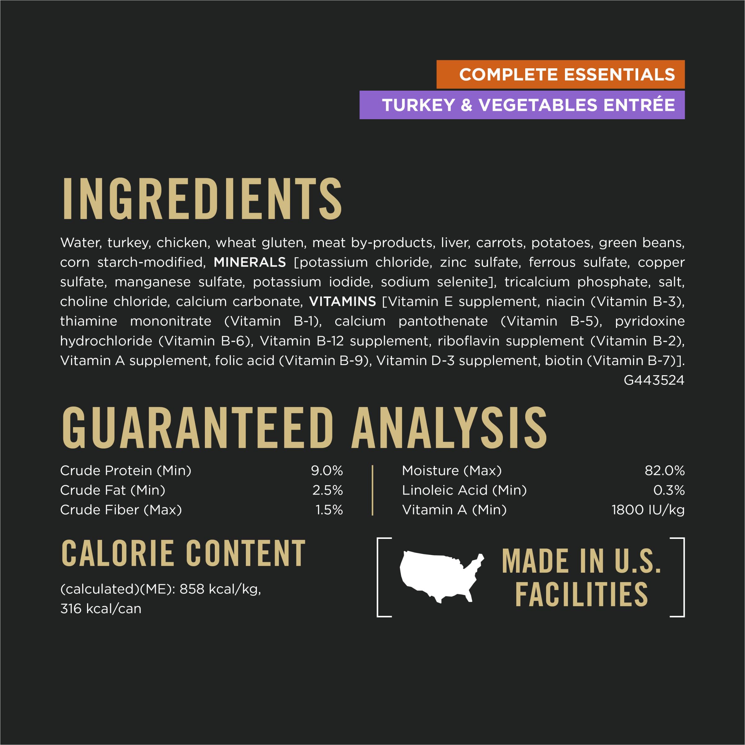 Purina Pro Plan Complete Essentials Turkey and Vegetables Entree ingredients label highlights turkey as protein source.
