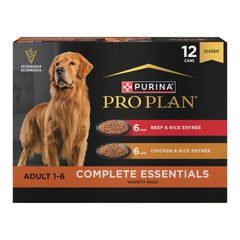 Purina Pro Plan Complete Essentials variety-pack chicken entree cans for balanced adult dog nutrition.