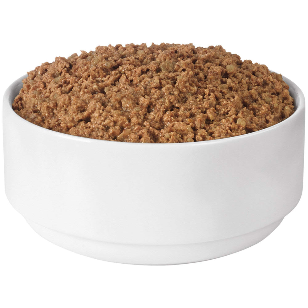 Purina Pro Plan beef entree serving emphasizes high-protein nutrition for lean muscles.
