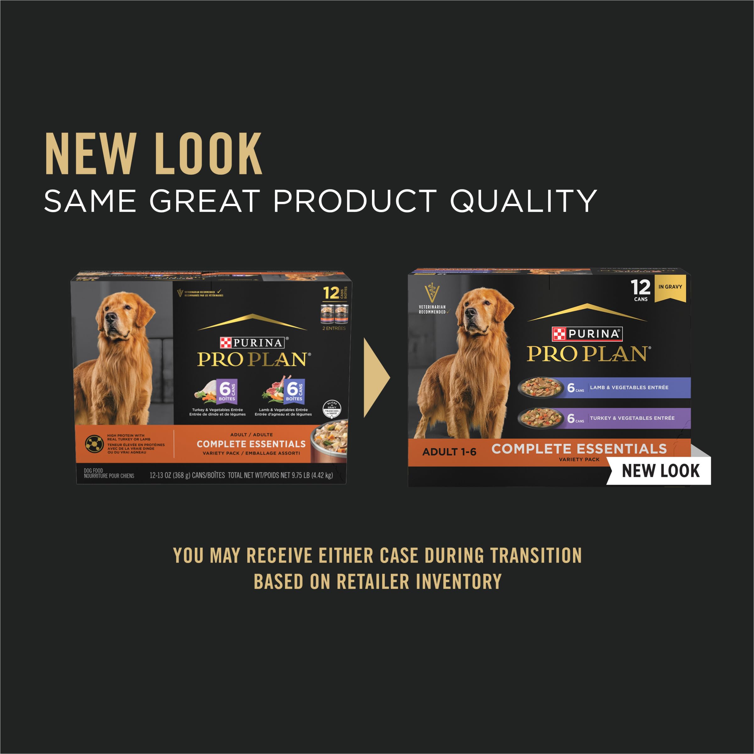Purina Pro Plan Complete Essentials Turkey cans in gravy for flavorful nutrition