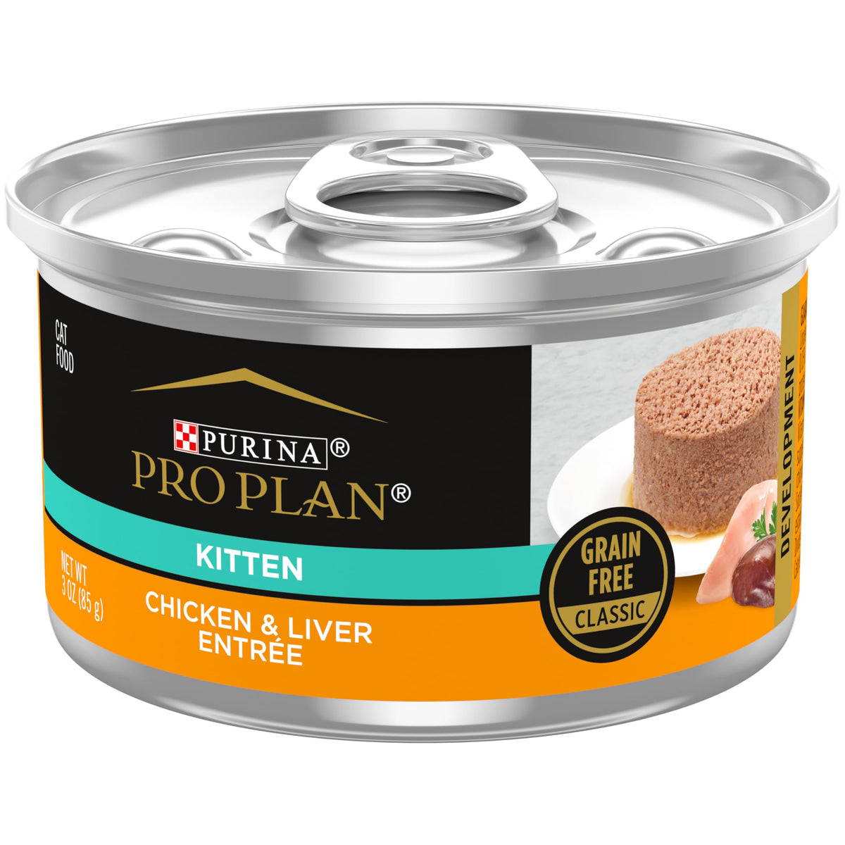 Purina Pro Plan DEVELOPMENT kitten pâté with chicken and liver entices kittens with a glossy texture.