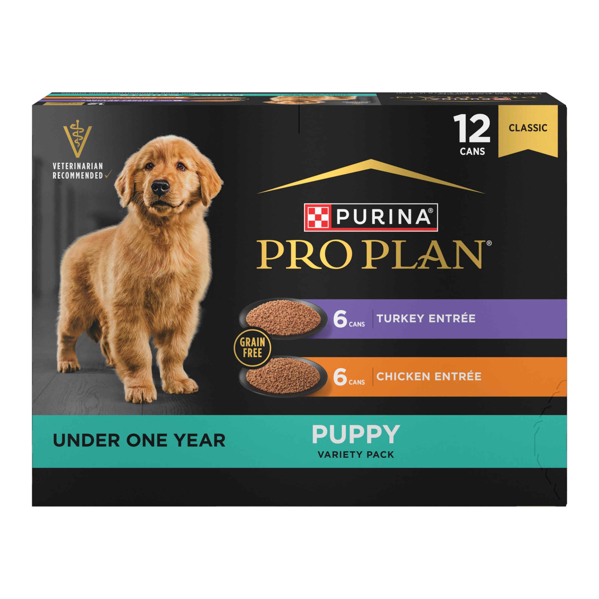 Purina Pro Plan Development 12-pack for puppies, grain-free variety.