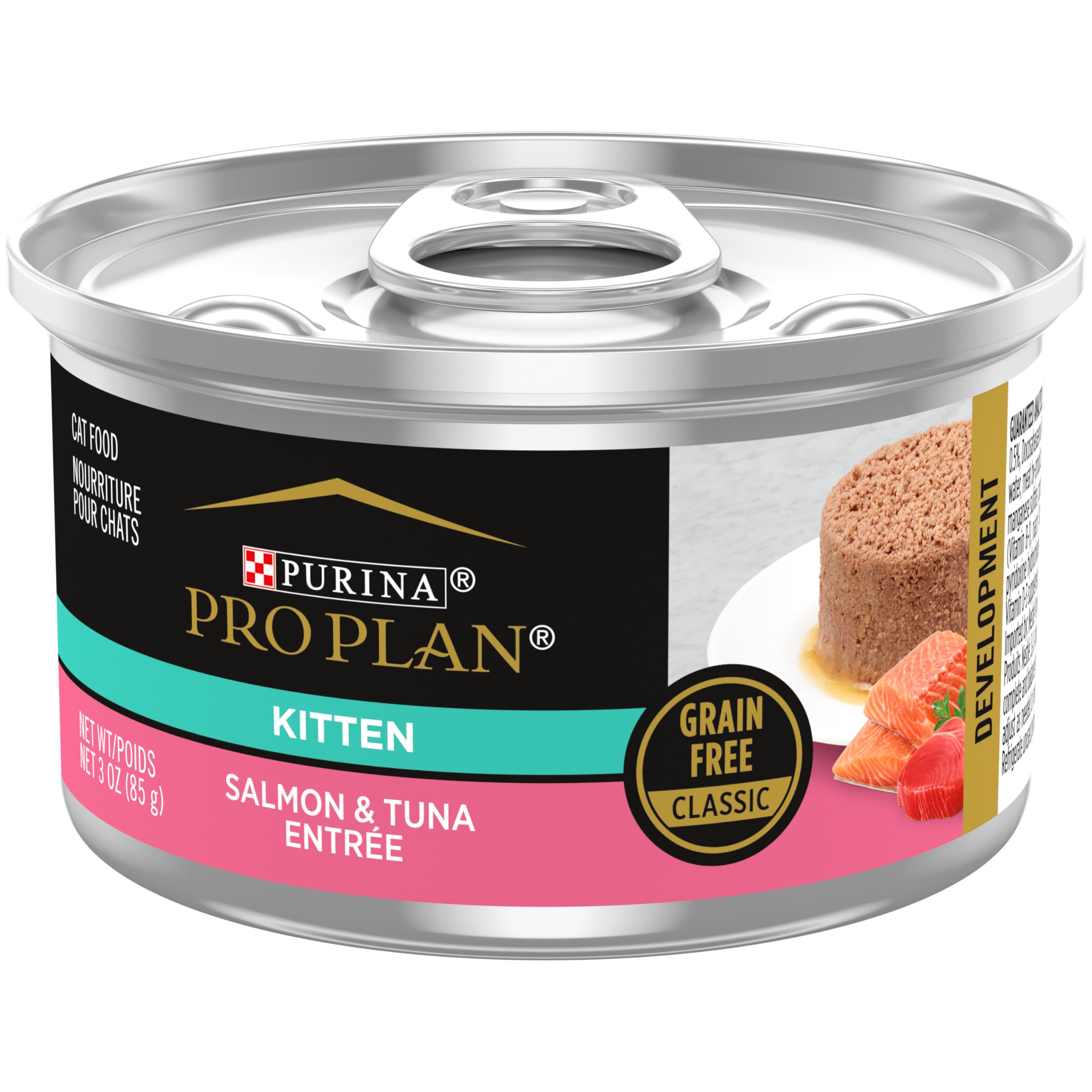 Purina Pro Plan DEVELOPMENT salmon-tuna-entree can showing real salmon and tuna for growth support