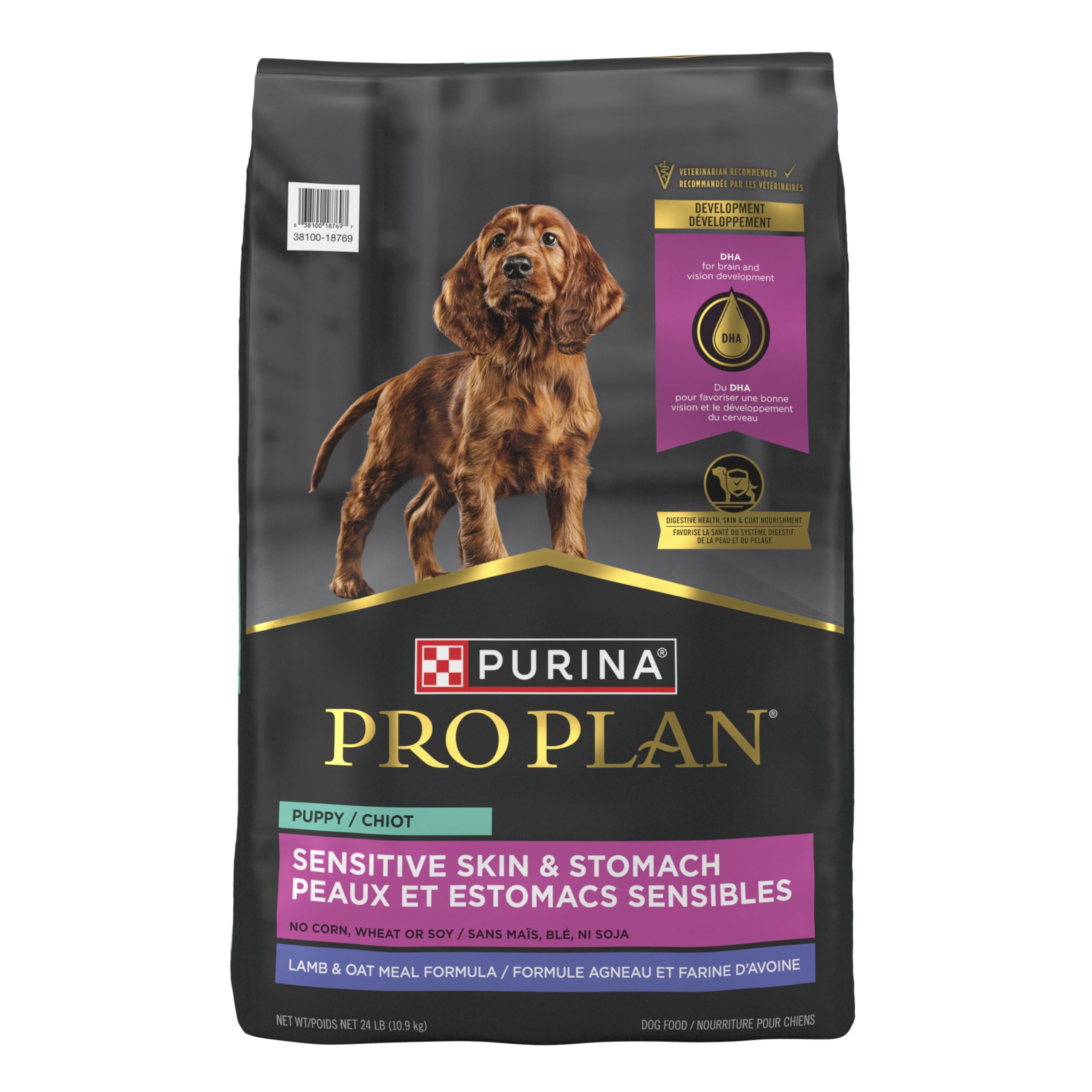 Purina Pro Plan packaging featuring DHA-rich fish oil for brain and vision support
